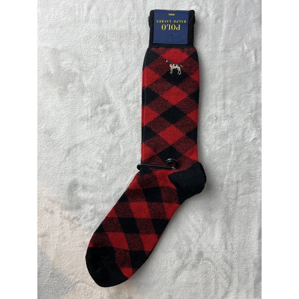 POLO RALPH LAUREN Sock Men Size 10-13 Hunting Dog Embroidered Red Diamond Check